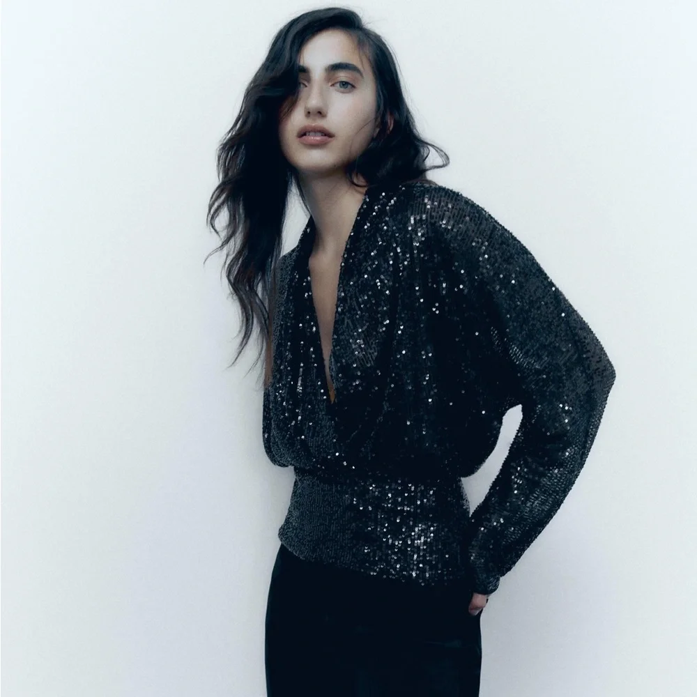 NWT Zara Draped Black Sequin Blouse - Picture 7 of 13